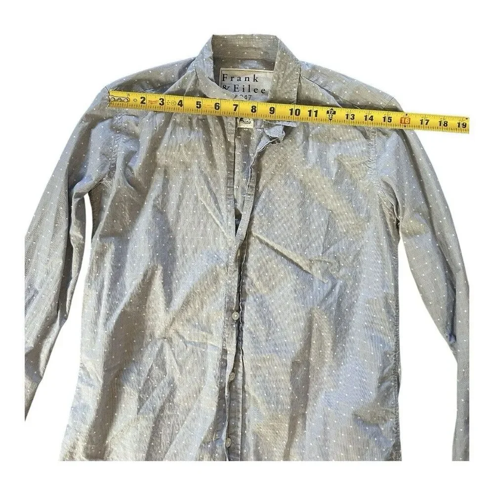 Frank & Eileen Eileen XS High Low Hem Button Shirt Blue White Embroidered Cotton